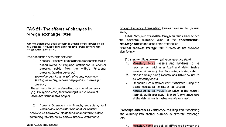 PAS Cfas Notes: Effects of Changes in Foreign Exchange Rates - Studocu