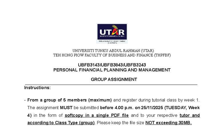 UTAR THPFBF Personal Financial Planning Group Assignment T1 - Studocu