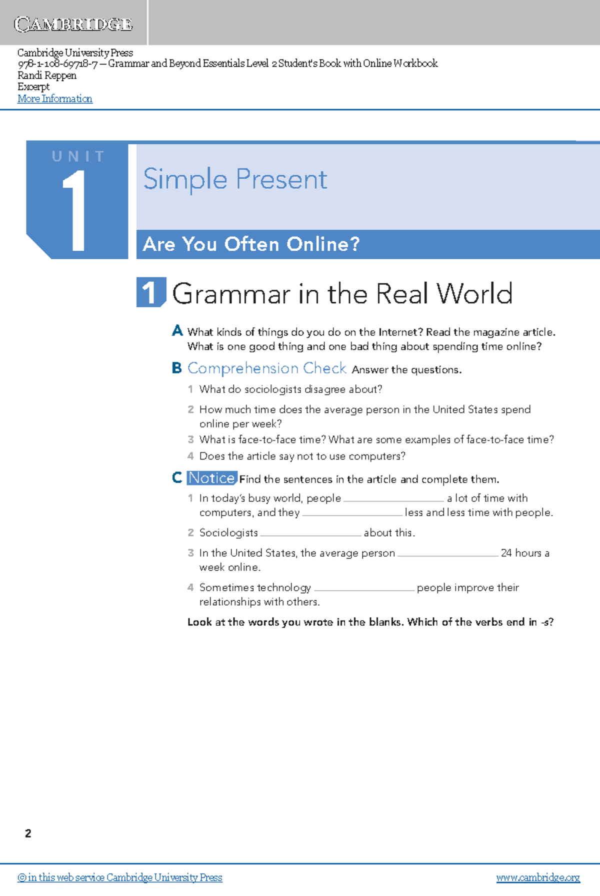 Simple Present Grammar Notes for Cambridge ENG 2 - Unit 1 - Studocu