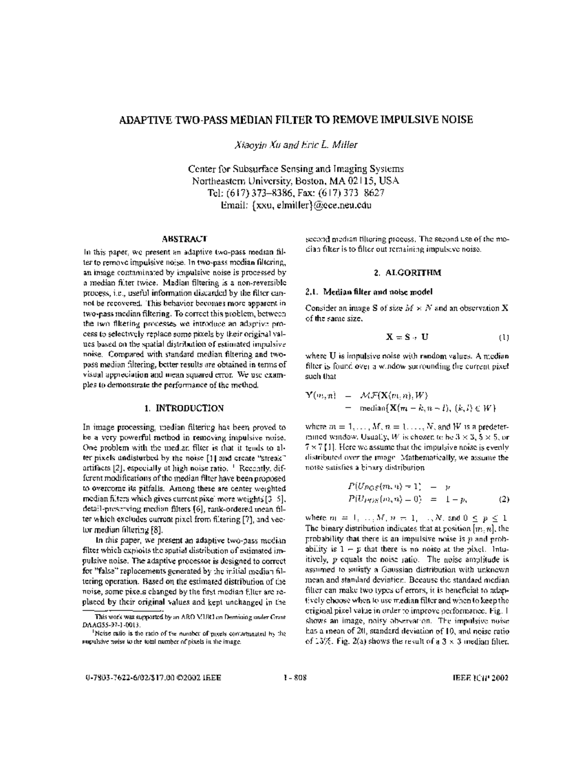 Adaptive Two-Pass Median Filter for Impulsive Noise Removal - Studocu