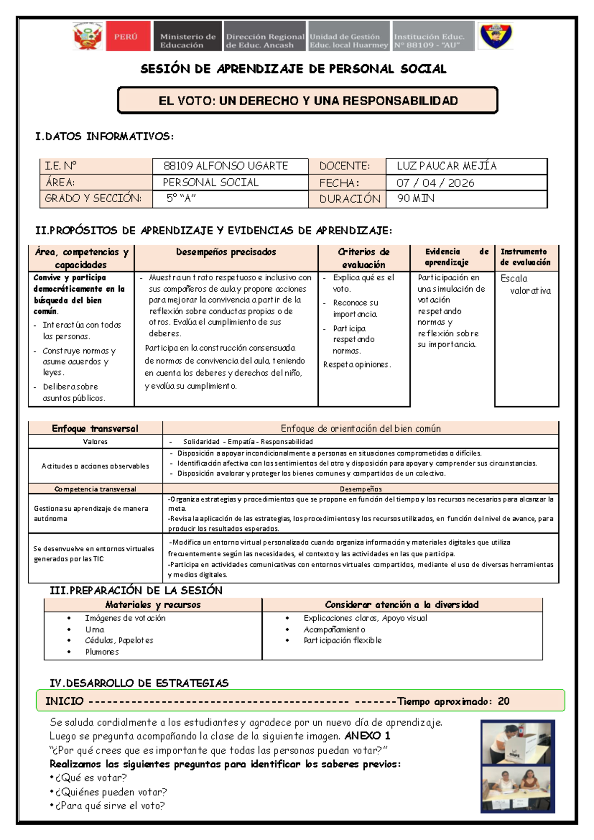 SESION DE APRENDIZAJE PERSONAL SOCIAL: EL VOTO COMO DERECHO Y ...