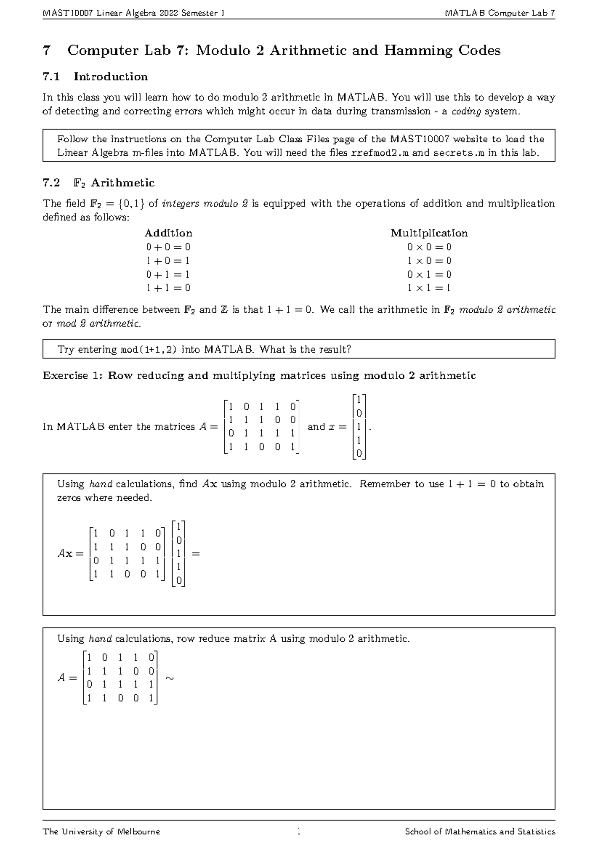 Laboratory Class 7 For MAST10007 - 7 Computer Lab 7: Modulo 2 ...