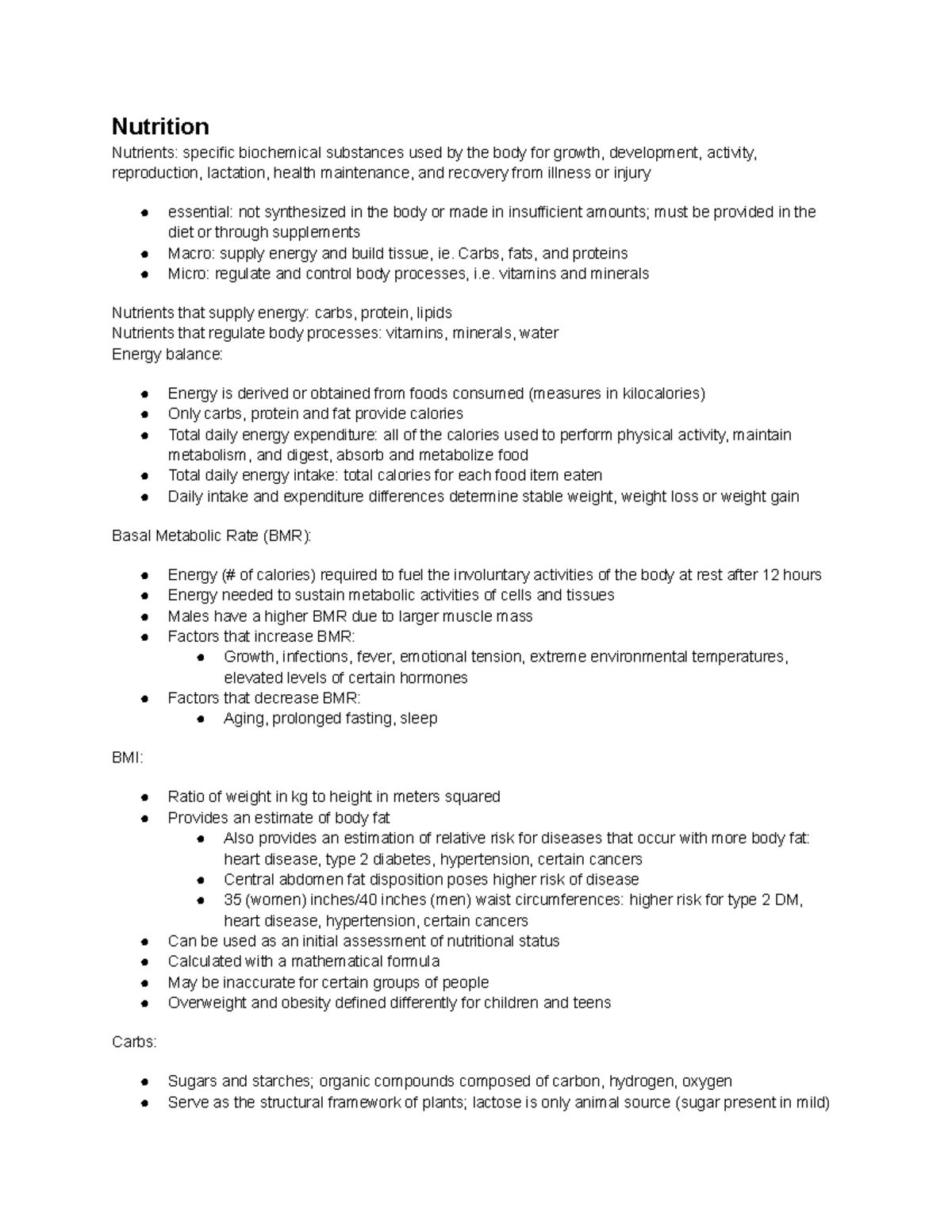 226 final notes - nutrition - Nutrition Nutrients: specific biochemical ...
