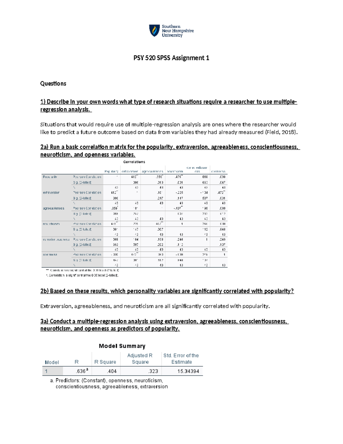 PSY 520 SPSS Assignment 1: Multiple Regression Analysis Insights - Studocu