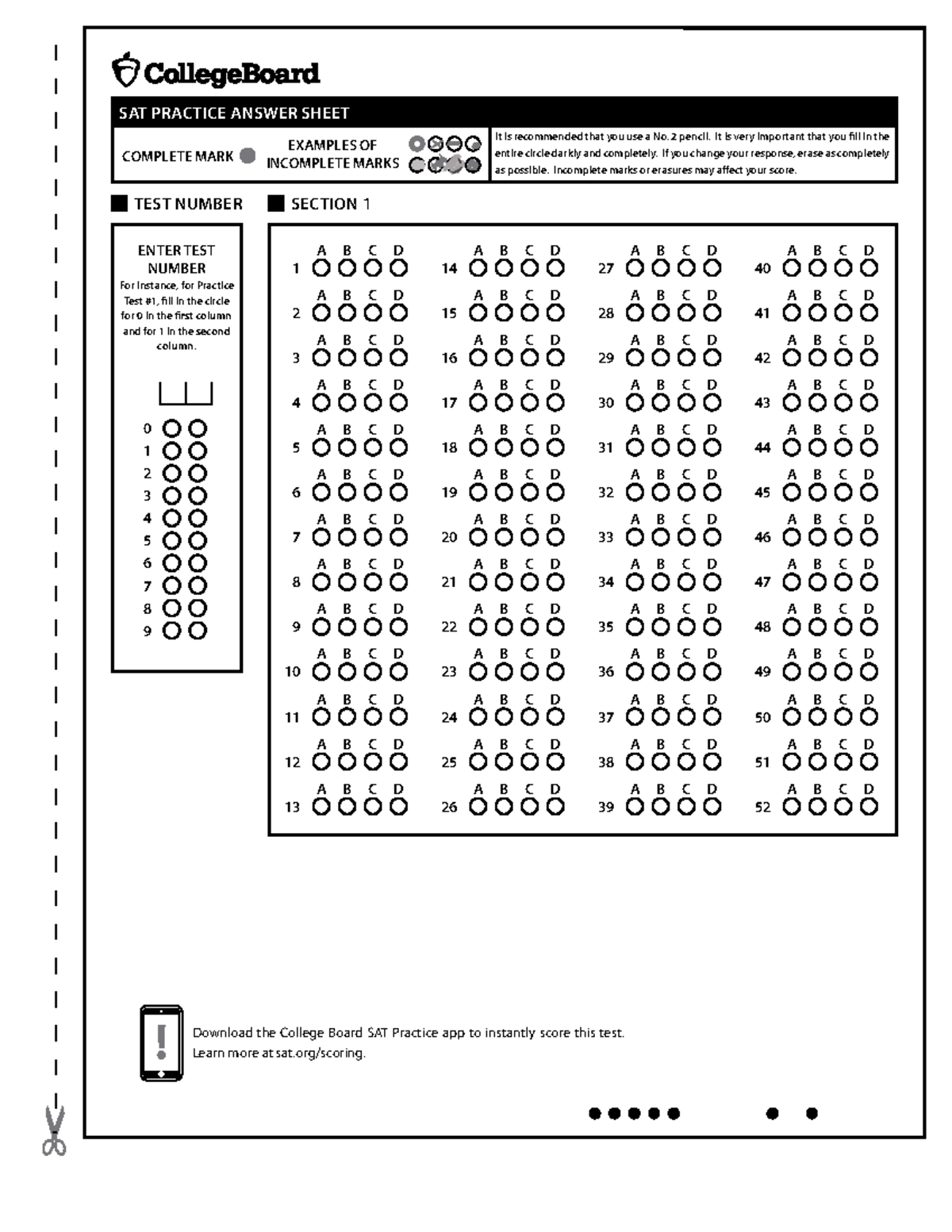 Answer Sheet for Test Number: SAT Practice Test #1 - Studocu