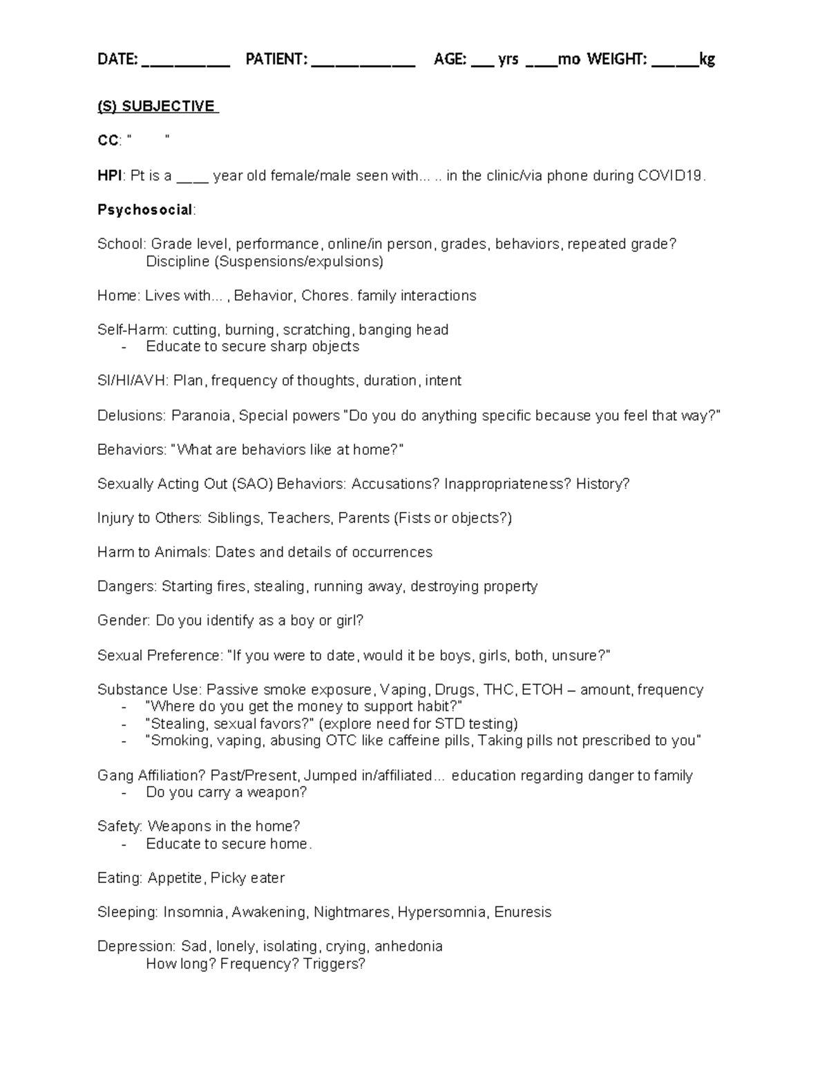 Pediatric Psychiatric Assessment - (S) SUBJECTIVE CC: “ “ HPI: Pt is a ...
