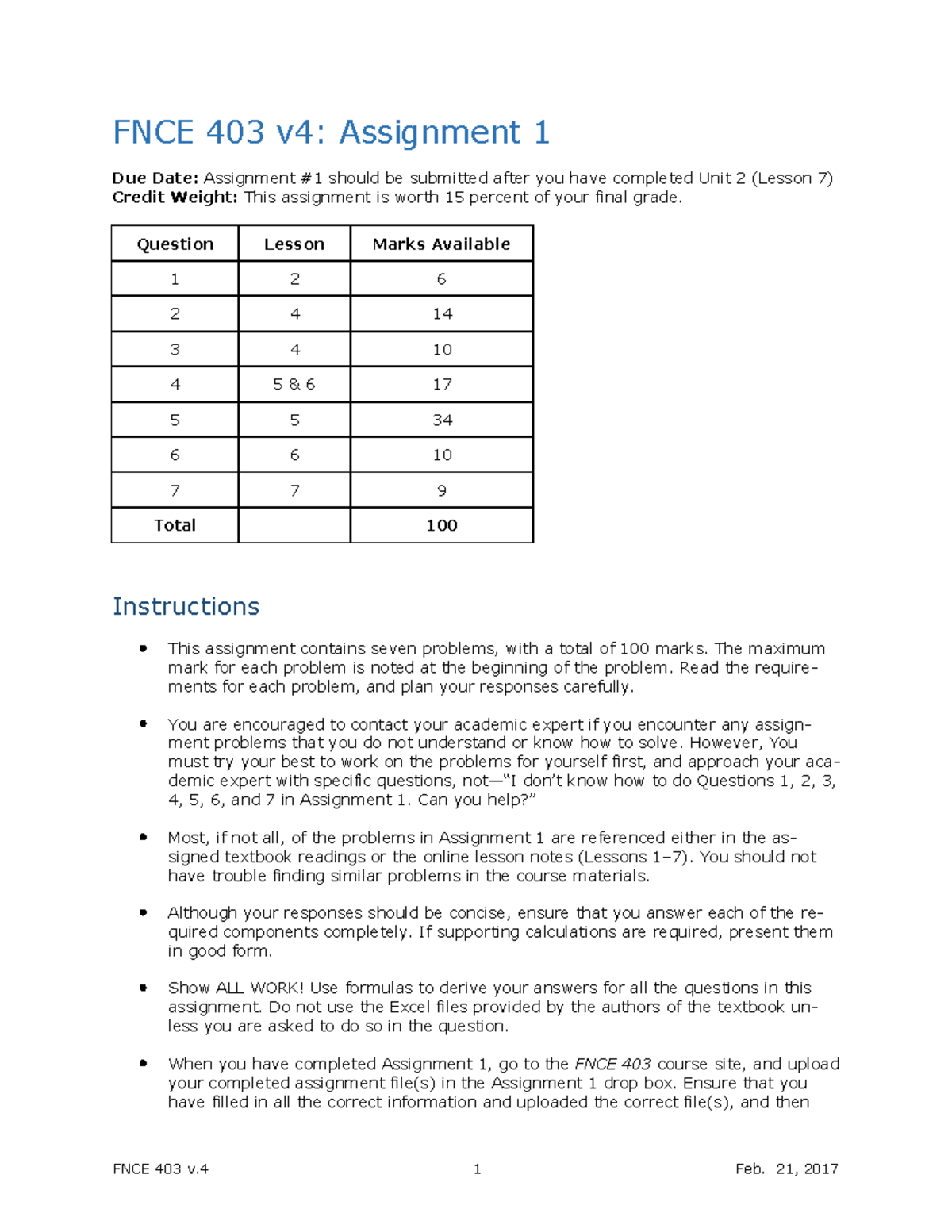 FNCE403v4 Assignment 1: Unit 2 Problems & Solutions - Studocu