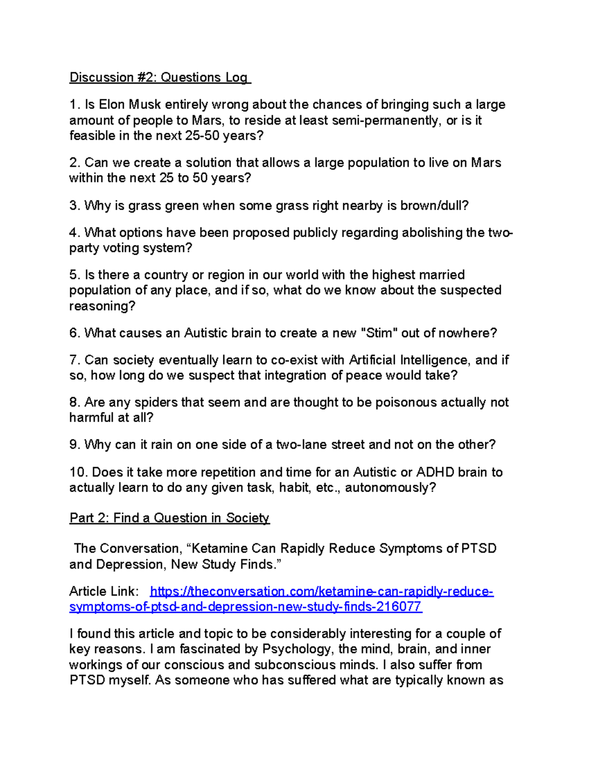 Discussion 2 - Questions Log on Society and Science Issues - Studocu