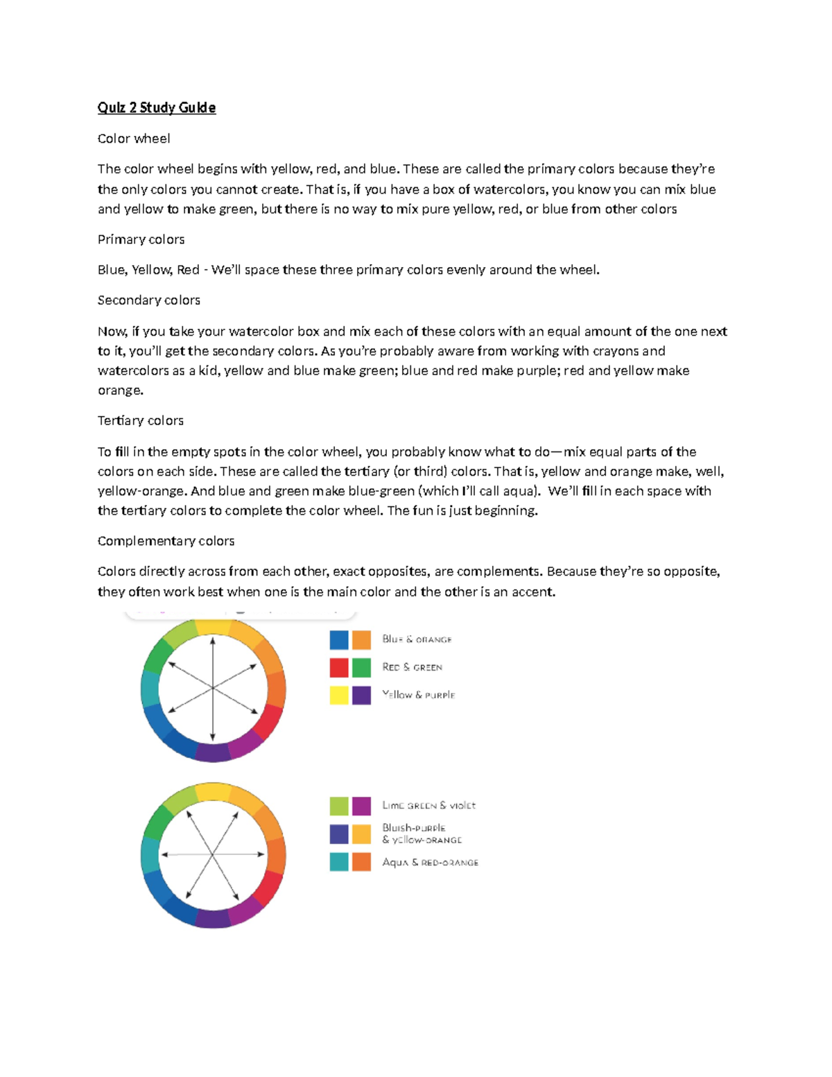Quiz 2 Study Guide - n/a - Quiz 2 Study Guide Color wheel The color ...