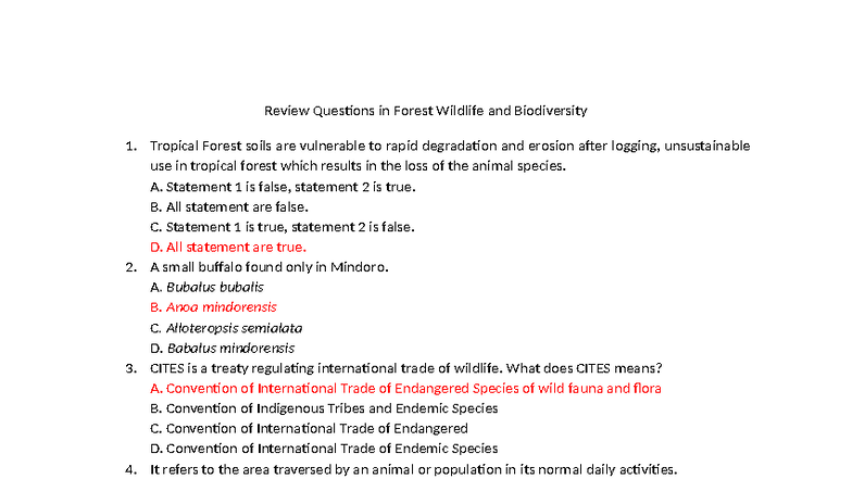 902094048 Review Questions: Forest Wildlife & Biodiversity - Studocu