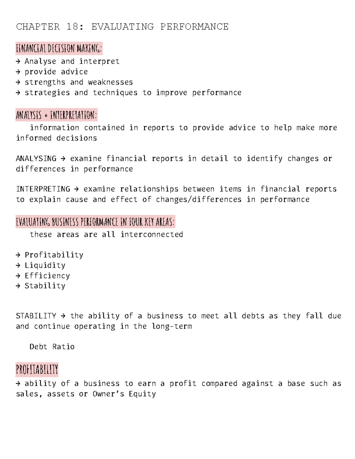 CHAPTER 18: EVALUATING PERFORMANCE IN FINANCIAL DECISION MAKING NOTES ...