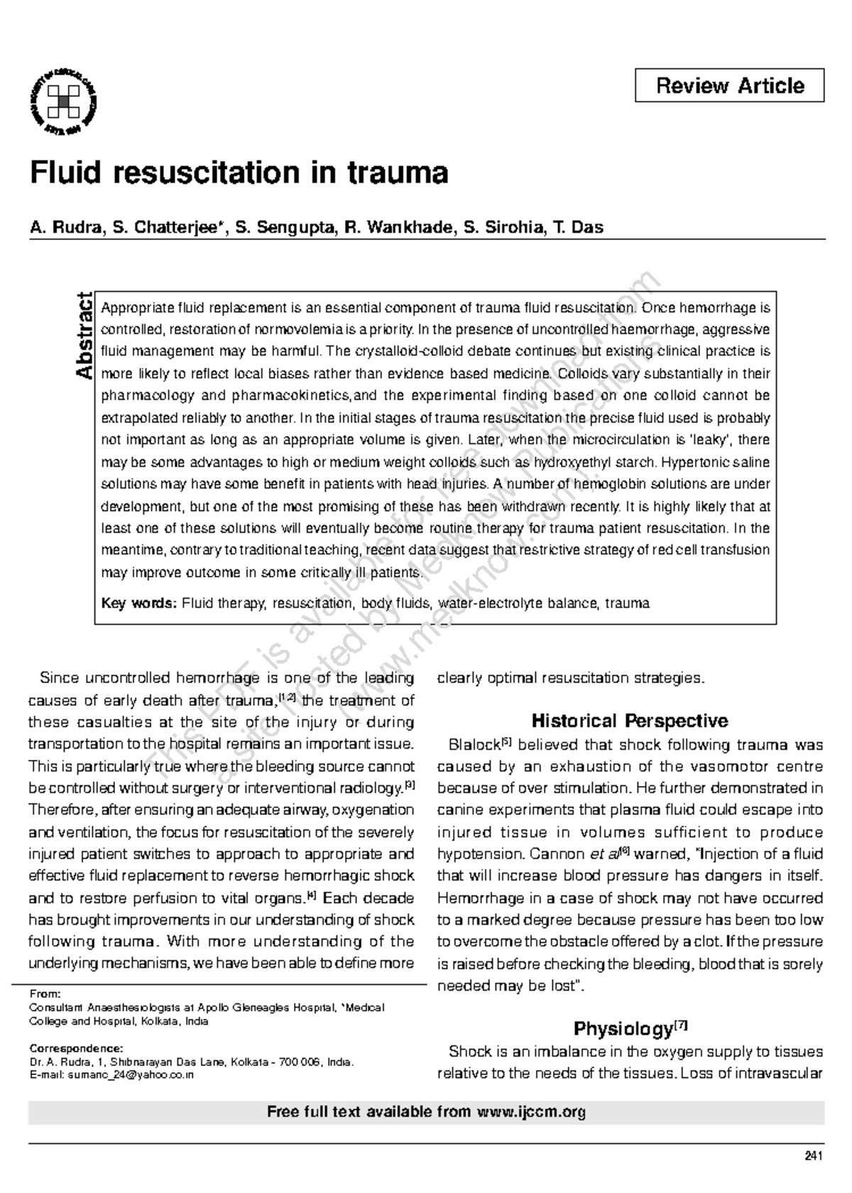 Fluid Resuscitation in Trauma: Insights and Recommendations (IJCCM 2003 ...