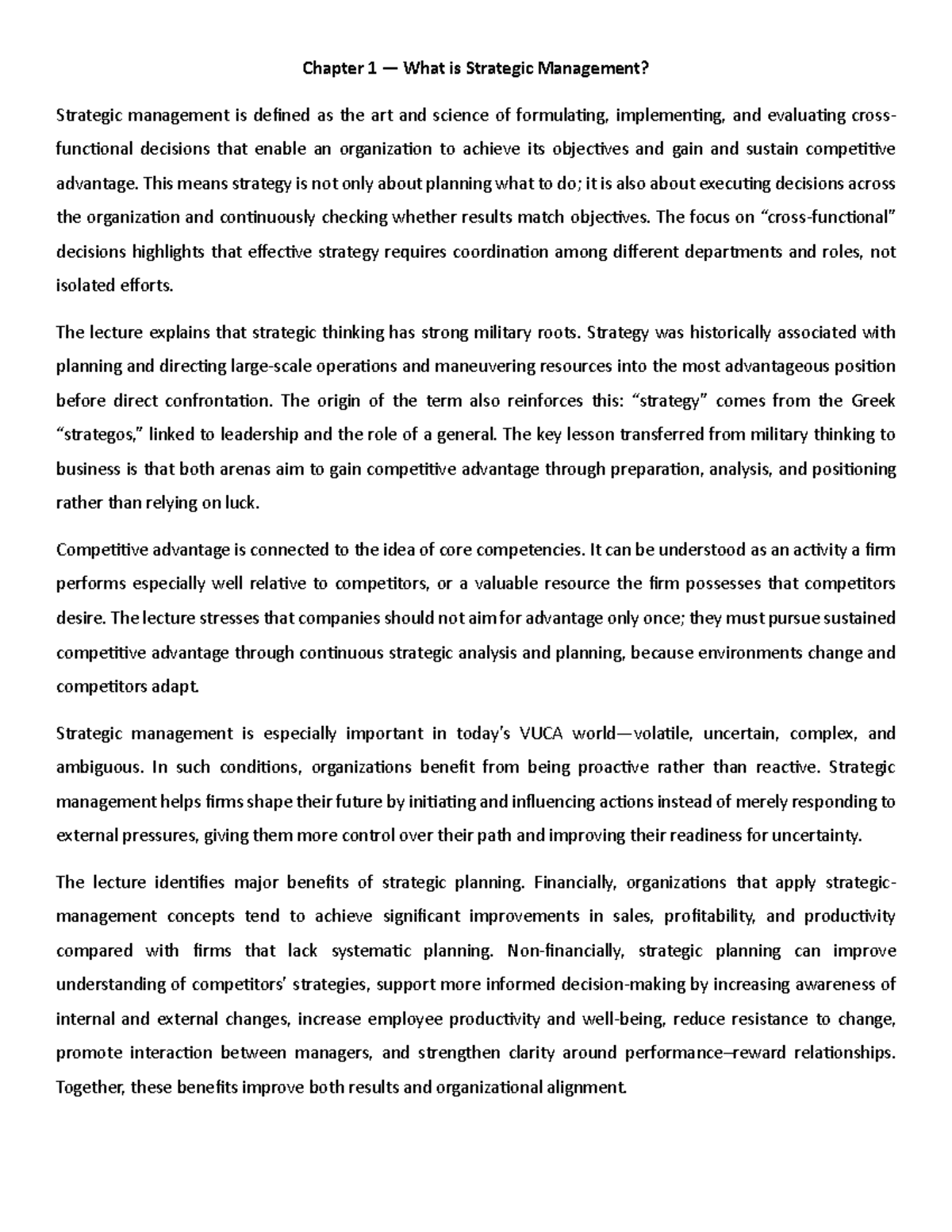 Summary of Chapter 1: What is Strategic Management? - Studocu