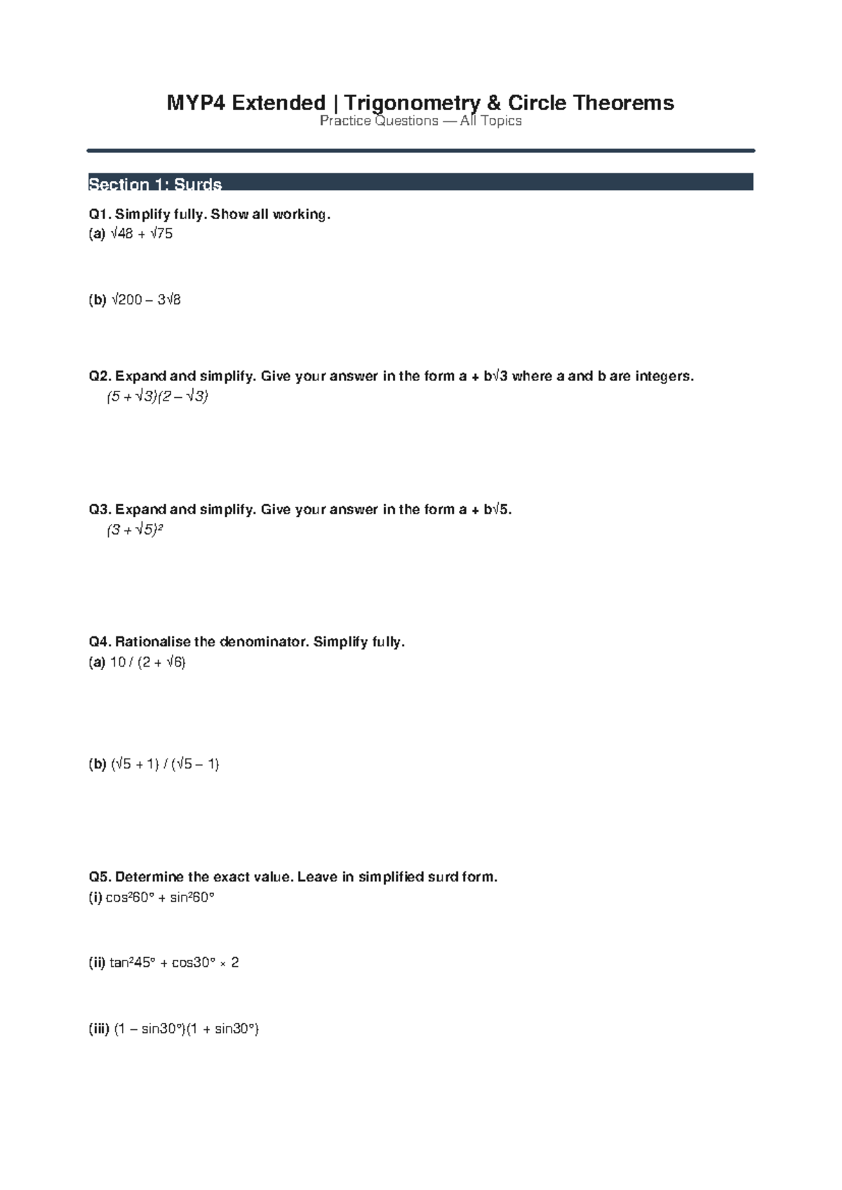 MYP4 Extended Trigonometry Circle Theorems Practice Questions - Studeersnel