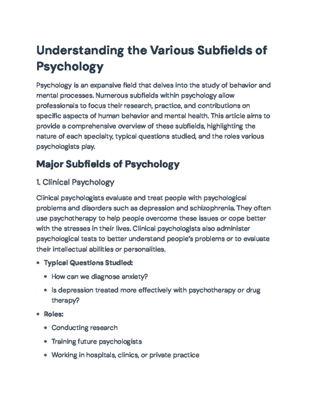 Overview of Psychology Subfields: Specialties and Roles - Understanding ...