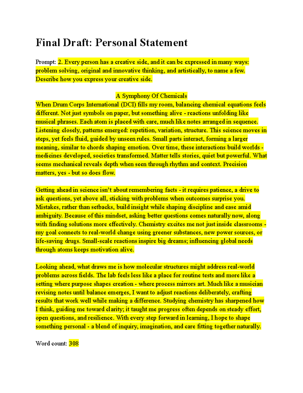 UC Personal Statement Final Draft: Exploring My Creative Side in ...