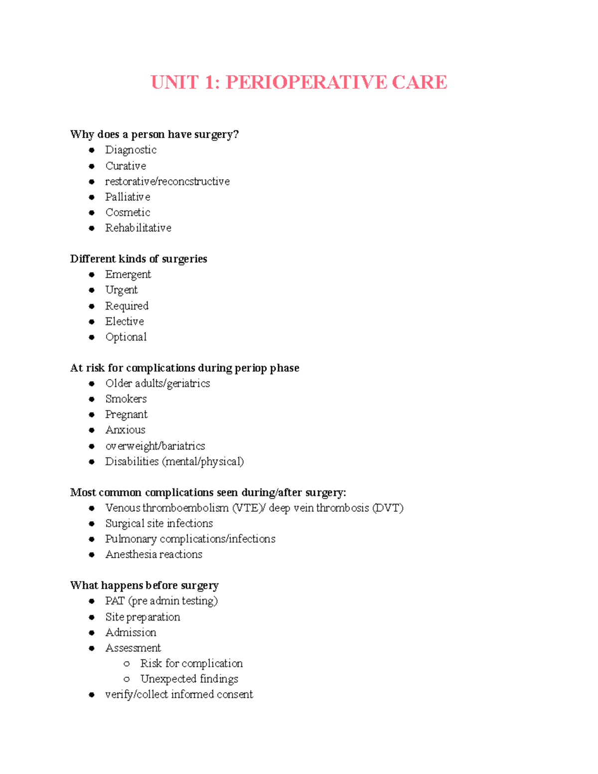 NSG3250 Med-Surg Unit 1: Perioperative Care Notes - Studocu