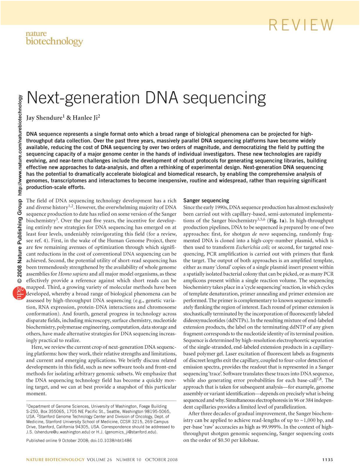 REVIEW: Next-Gen DNA Sequencing Technologies (Shendure & Ji, 2008 ...