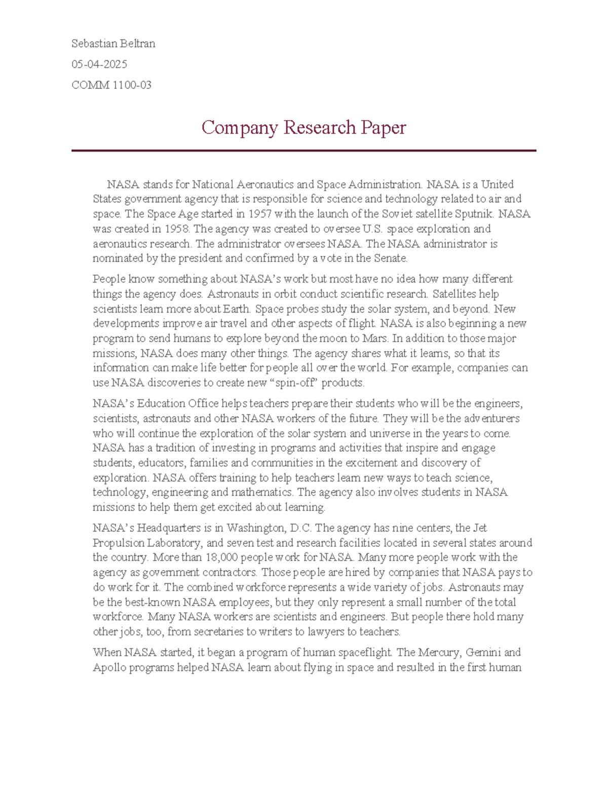 Sebastian Beltran COMM Company Research Paper on NASA's Role in Space ...