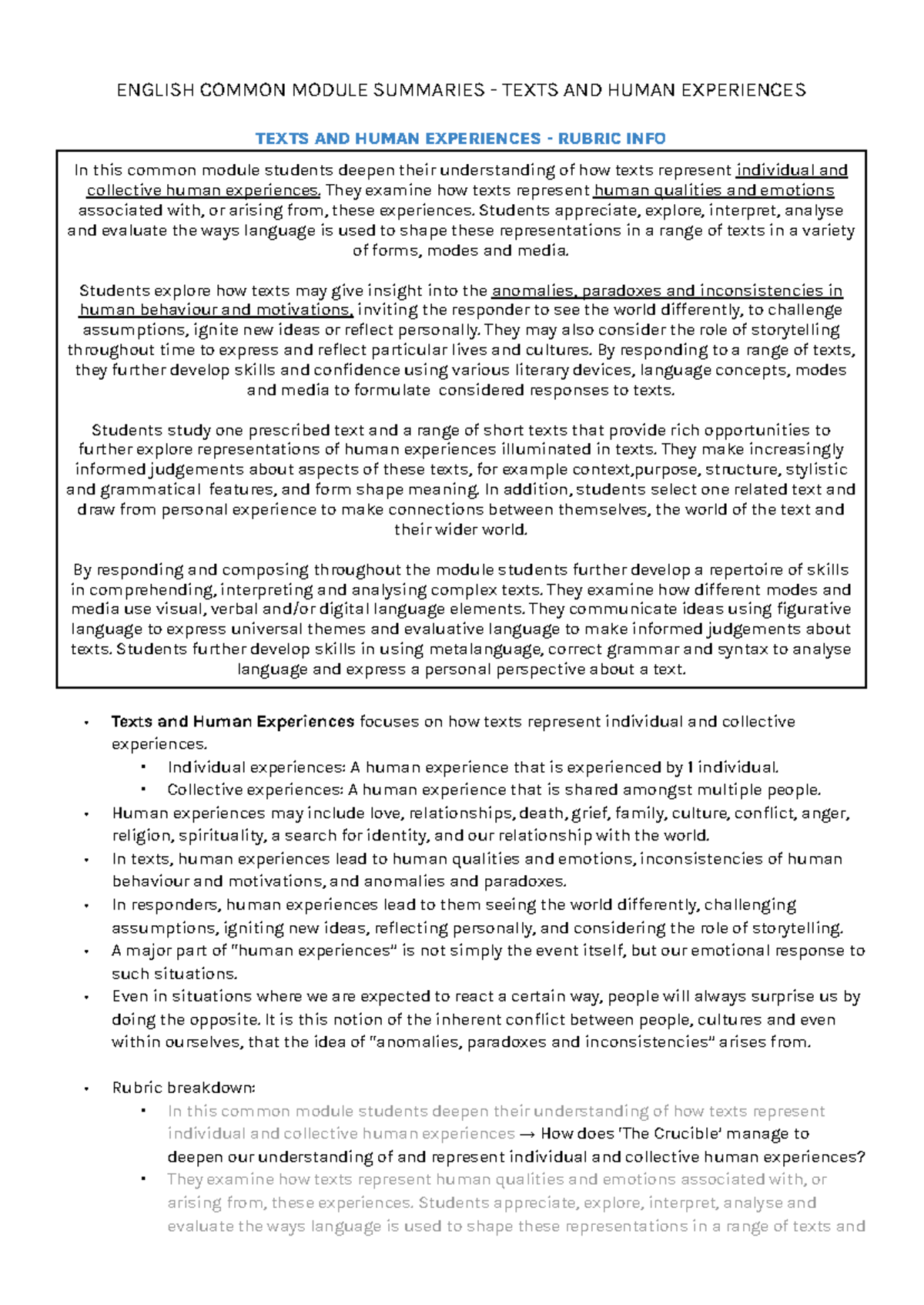 ENGLISH COMMON MODULE: TEXTS & HUMAN EXPERIENCES SUMMARY - Studocu