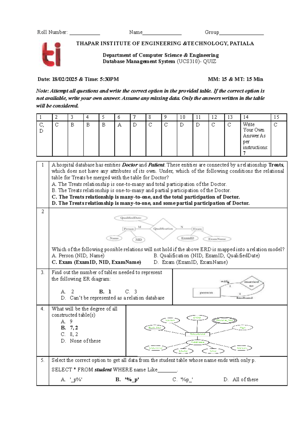 UCS310 Database Management System Quiz Solutions - Studocu