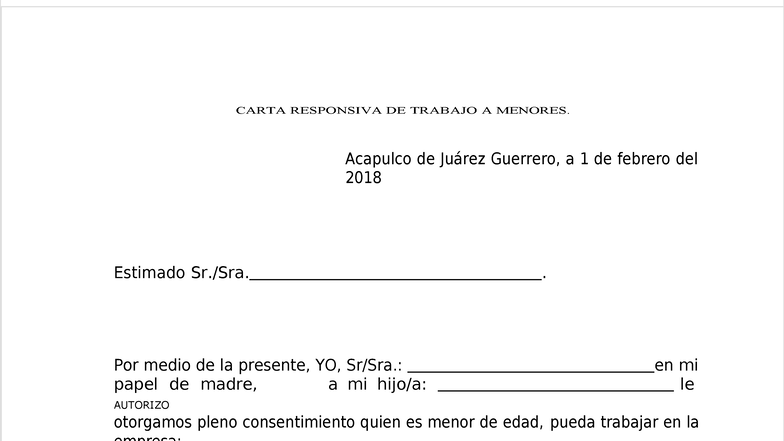 CARTA RESPONSIVA DE TRABAJO A MENORES - PERMISO PDF - Studocu