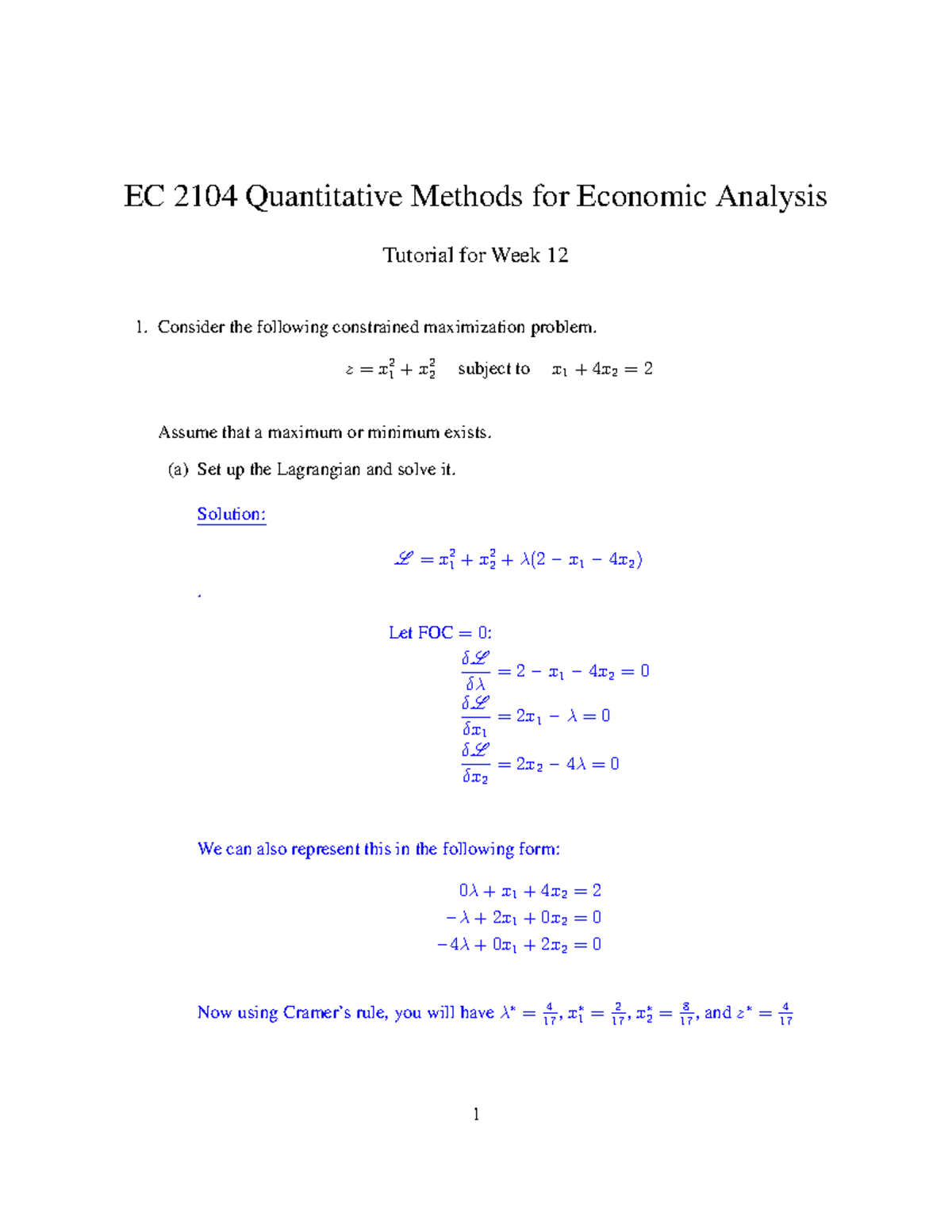 Week 12 Solutions - EC 2104 Quantitative Methods for Economic Analysis ...