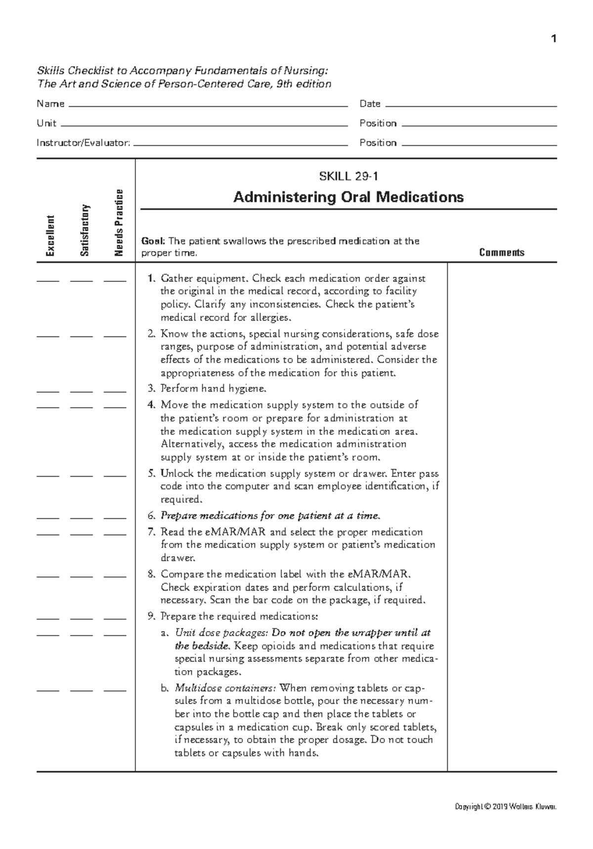 NSG100 Final Lab: Administering Oral Medications Skills Checklist - Studocu