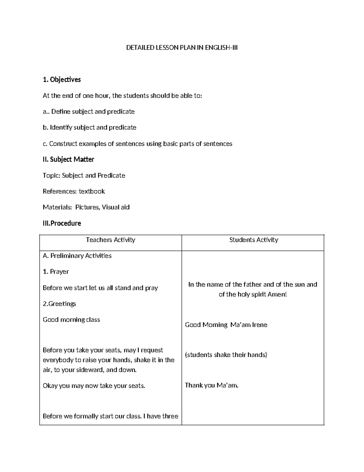 Detailed Lesson Plan on Subject and Predicate (ENG 101) - Studocu