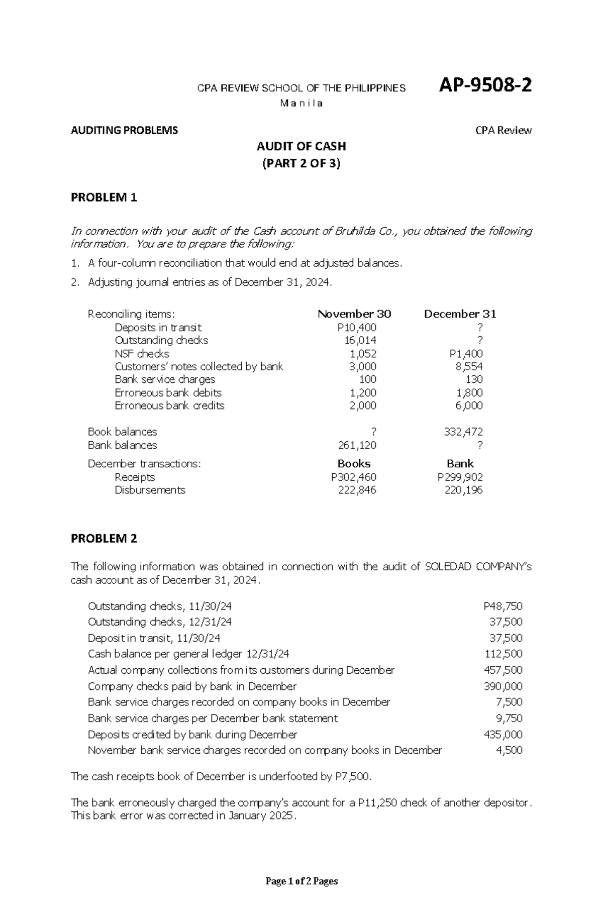 AP9 50 8-CASH-2 - Auditing Cash Problems & Adjustments - Studocu