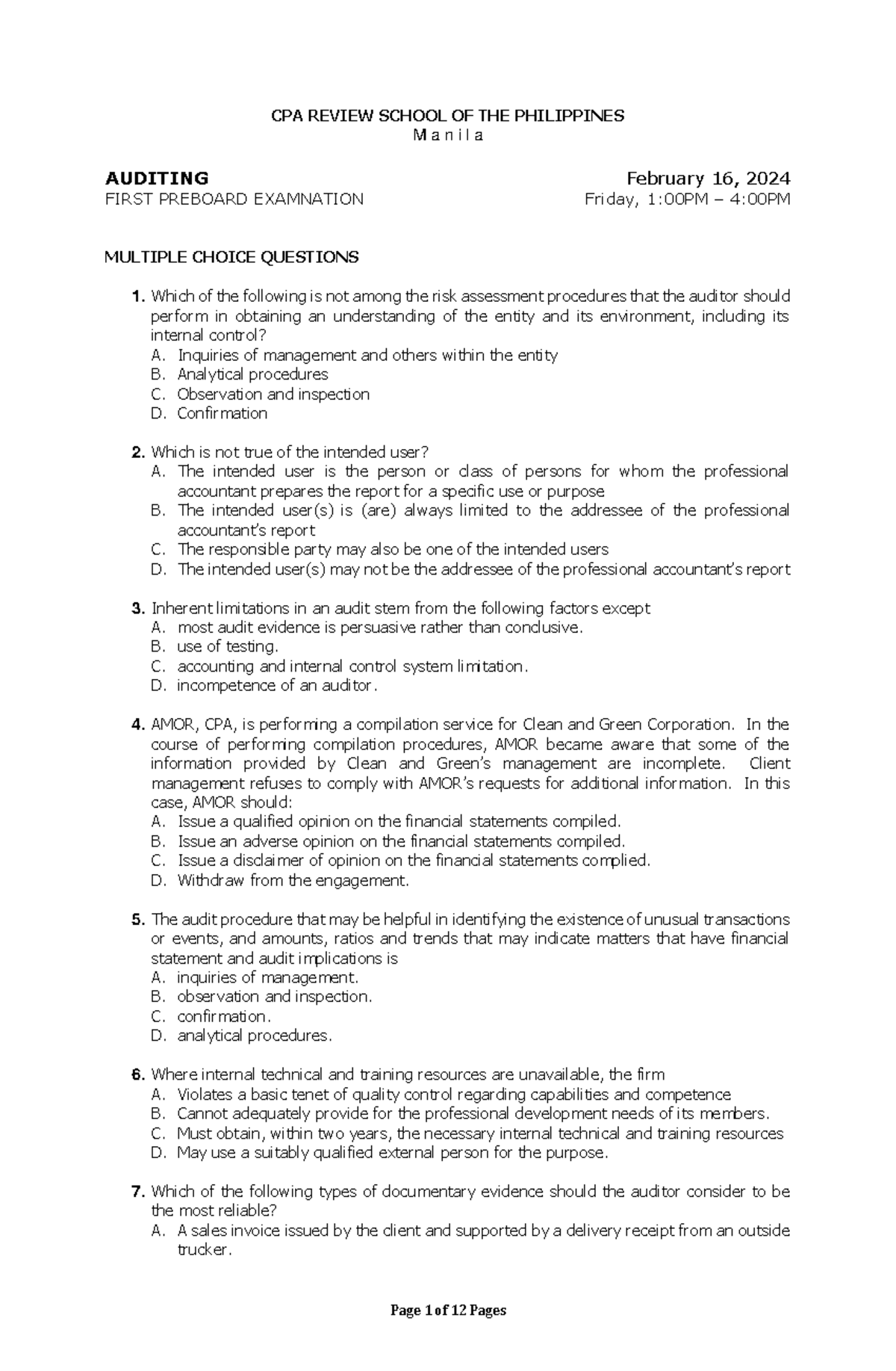 CPA REVIEW SCHOOL OF THE PHILIPPINES (CPAR) MANILA AUDITING FIRST ...