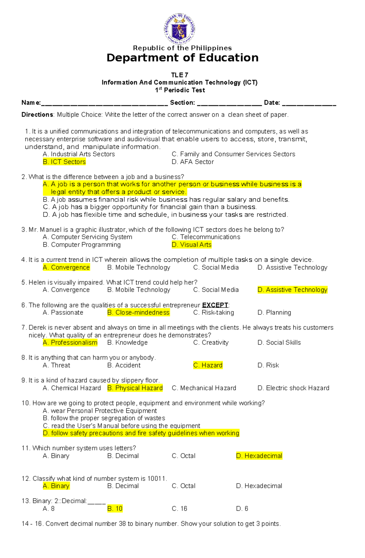 TLE 7 1st Periodic Test Answer Key for ICT Careers - Studocu