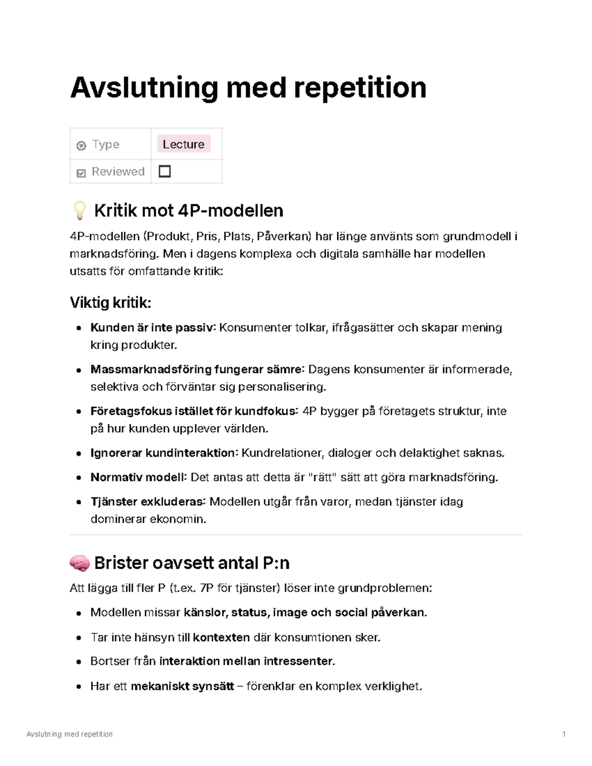Kritik mot 4P-modellen i Marknadsföring: Avslutning med Repetition ...