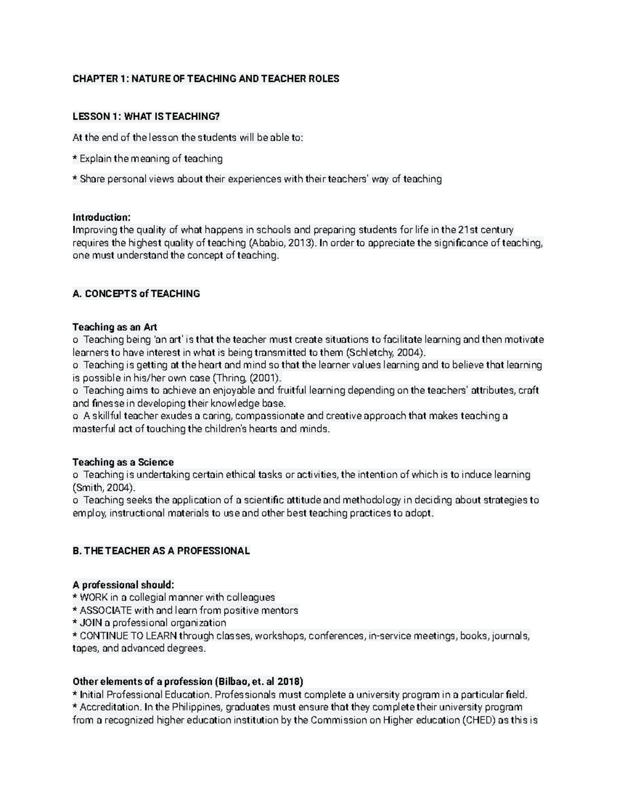 Chapter 1 Lesson 1 Summary: Understanding the Teaching Profession - Studocu