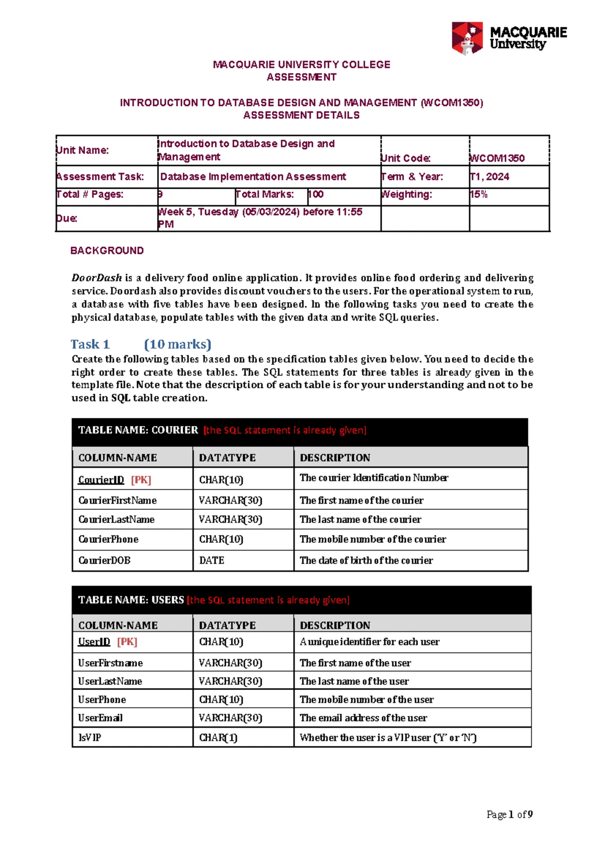 WCOM1350 Database Modelling Assignment Task 1 & 2 - Term 1, 2024 - Studocu