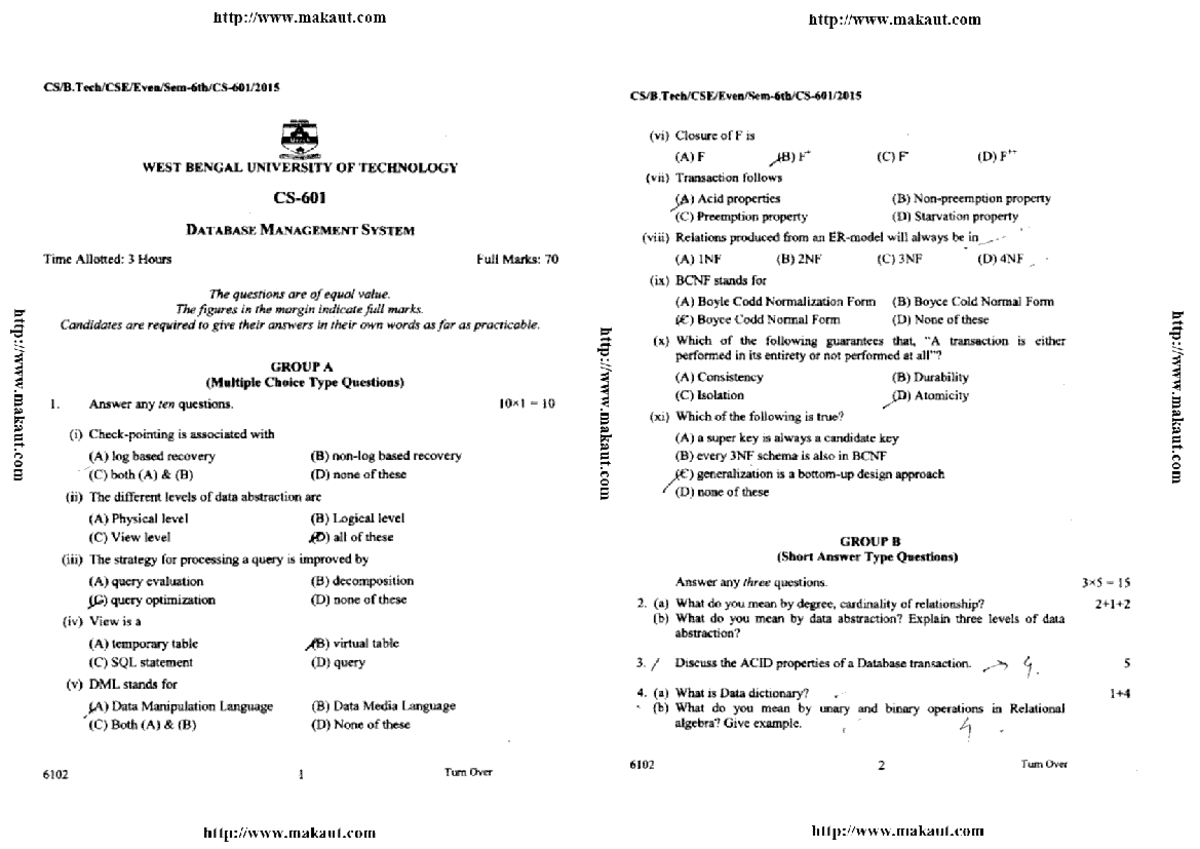 BTech CSE 6 Sem DBMS Final Exam Questions & Answers 2015 - Studocu