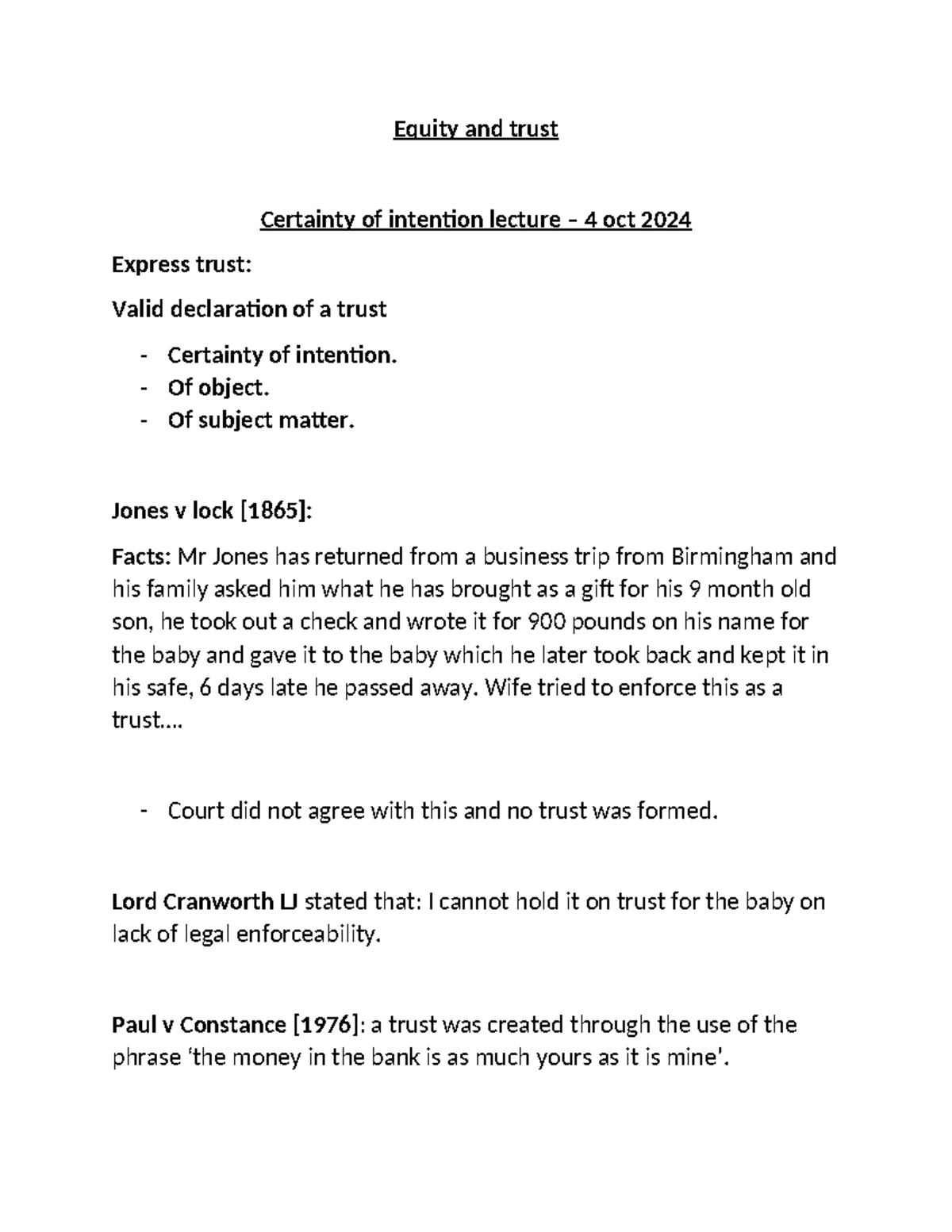 Express trust notes - Equity and trust Certainty of intention lecture ...