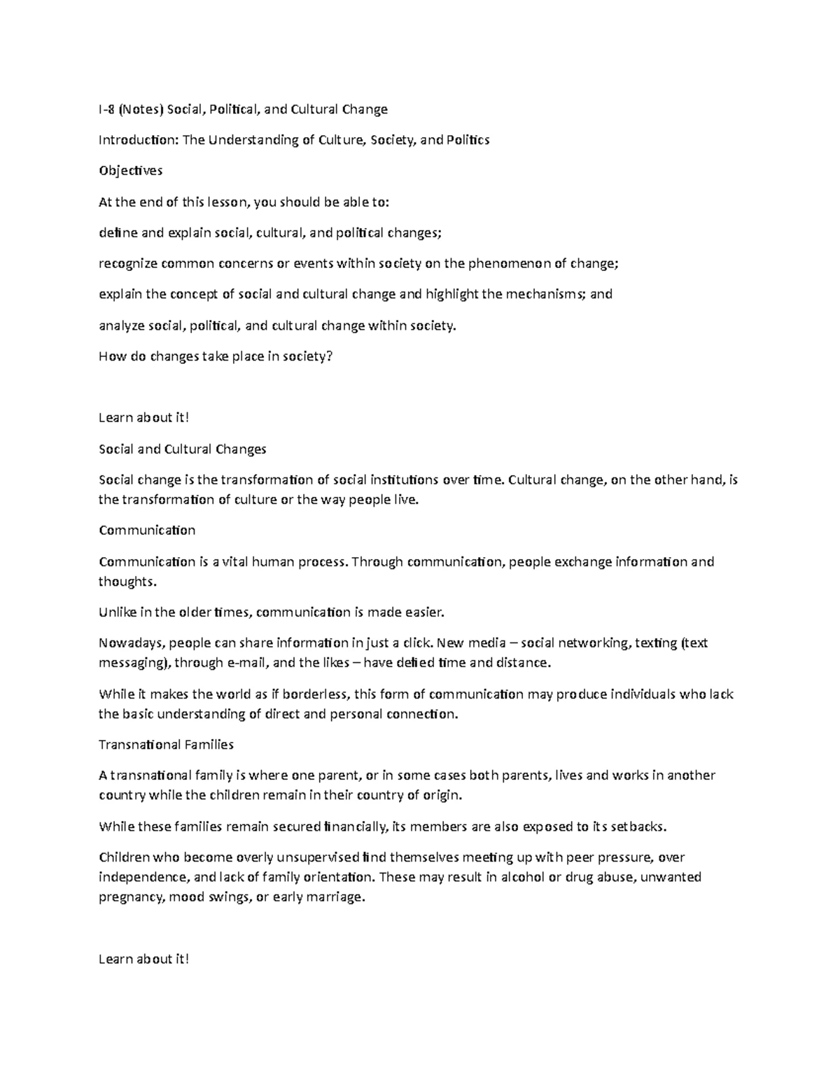 UCSP Notes l-6 - I-6 (Notes) Cultural Variations and Social Differences ...