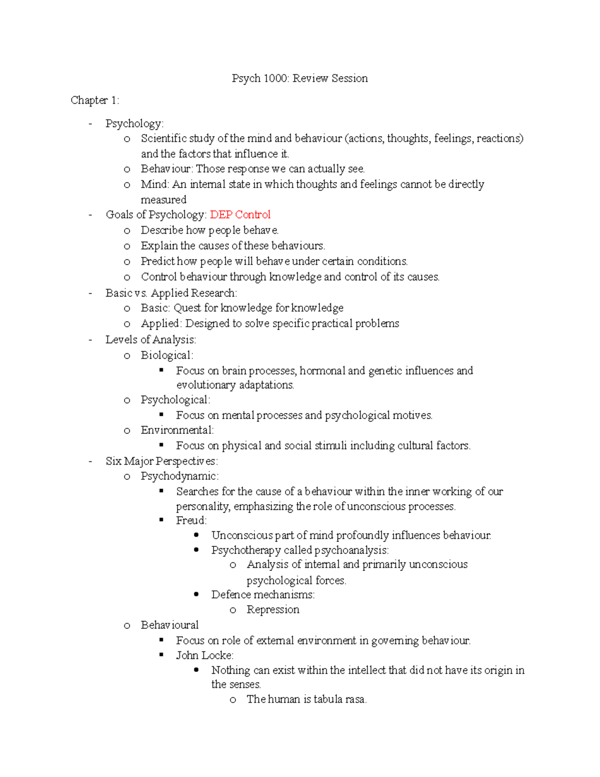 Psych 1000 Midterm #1 Review - Psych 1000: Review Session Chapter 1 ...