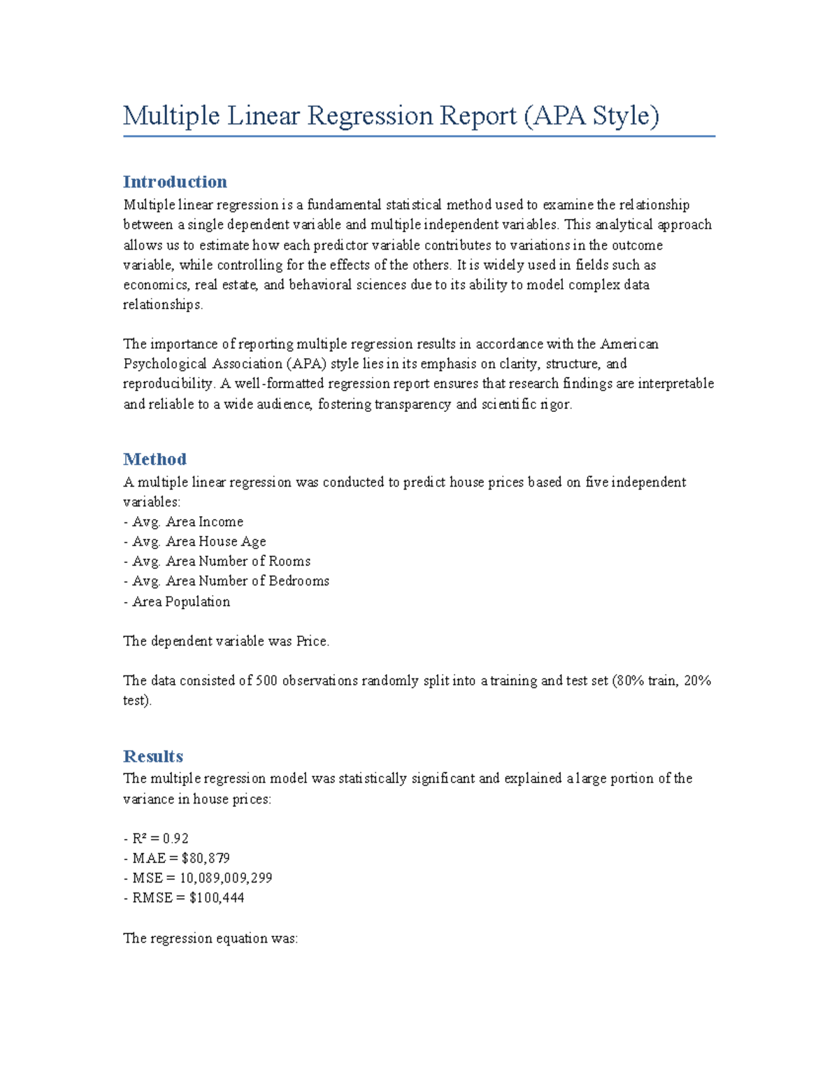 House Price Multiple Linear Regression Report (APA Style) - Studocu