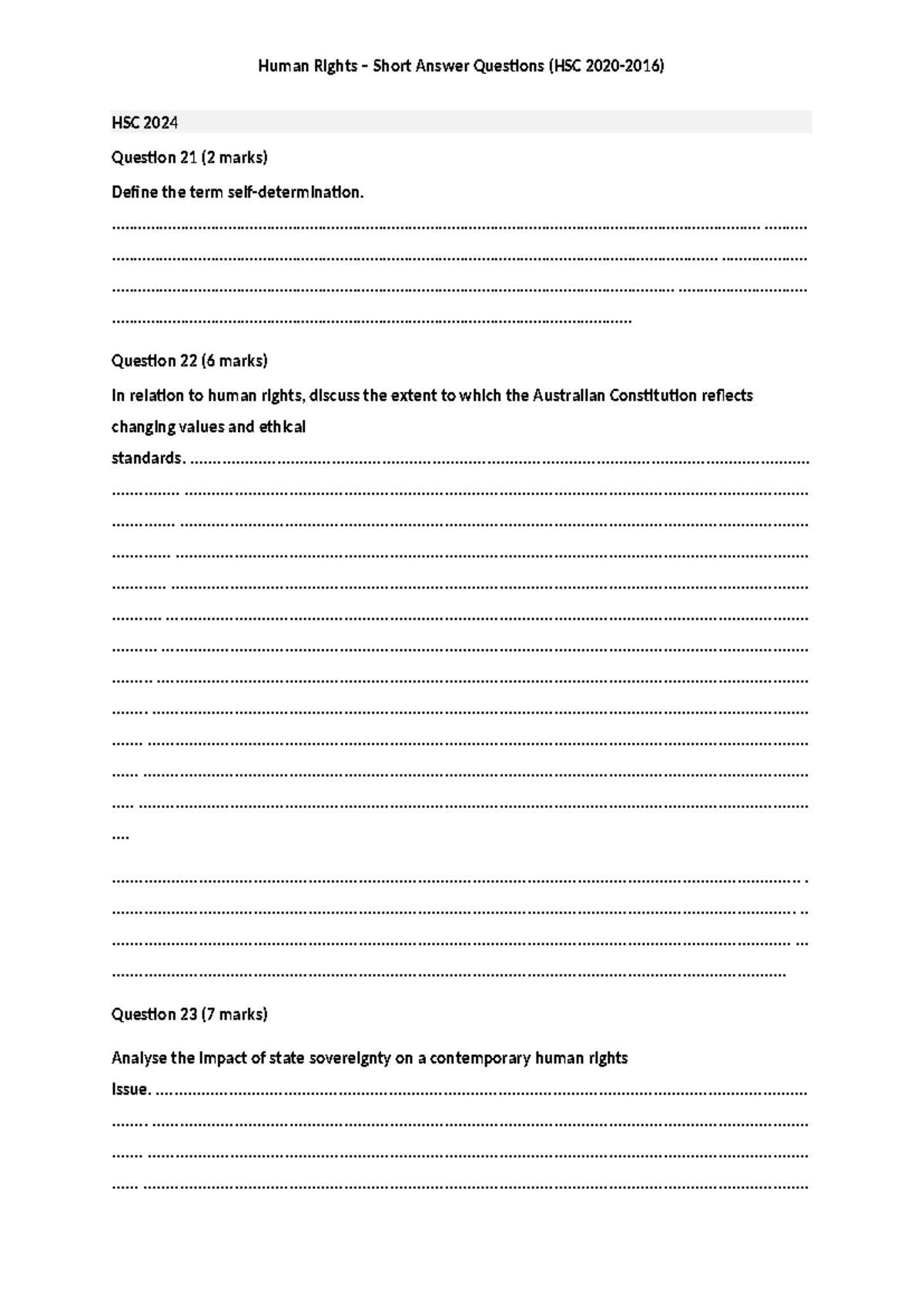 HSC Human Rights Practice Questions (2016-2024) - Studocu