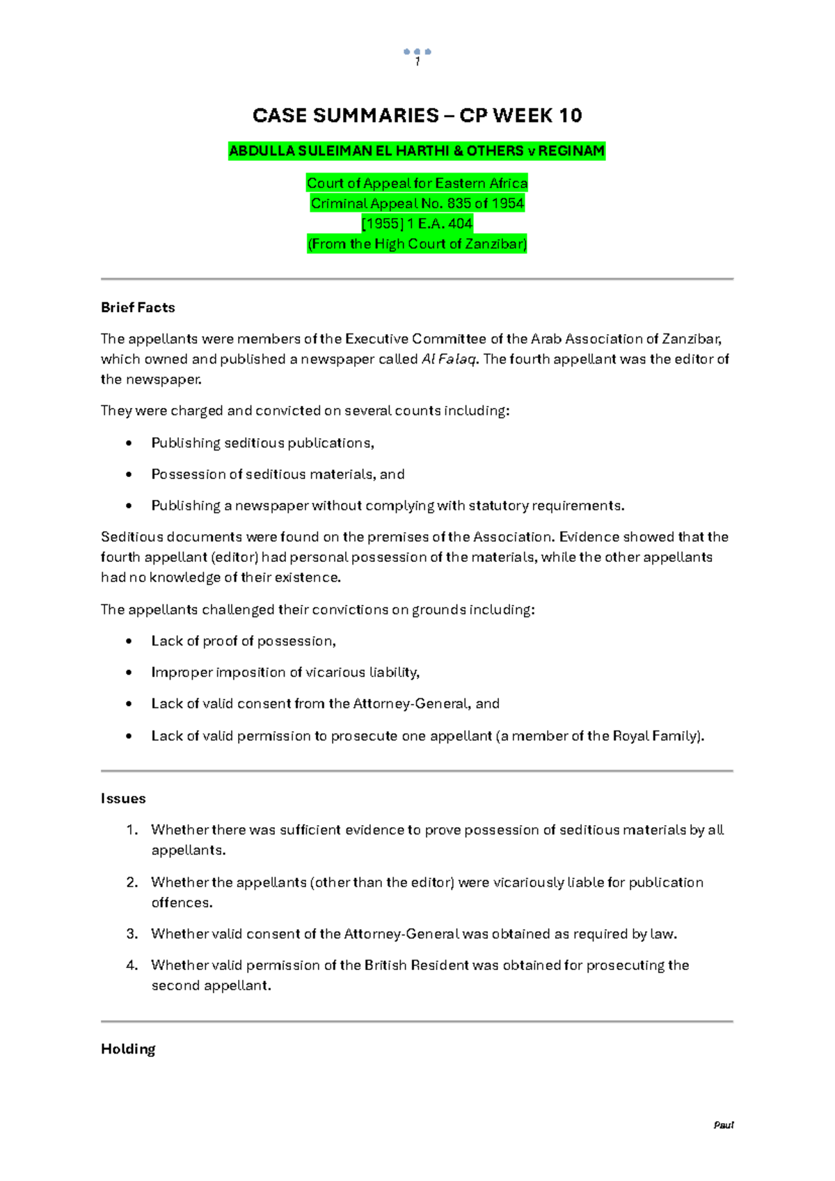 Case Summaries CP - Week 10: Key Legal Principles and Holdings - Studocu