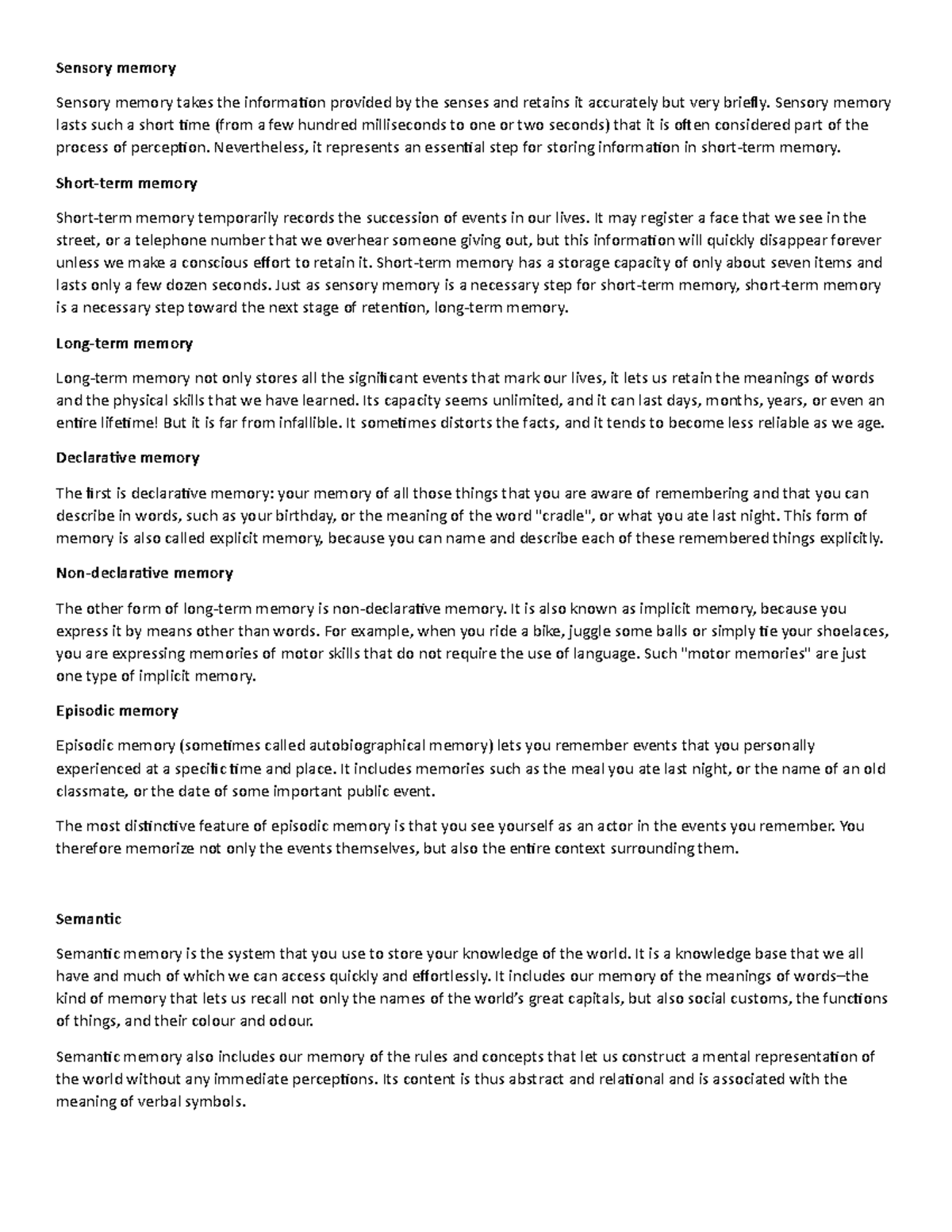 Types of memory - Apuntes 1,6,4 - Sensory memory Sensory memory takes ...