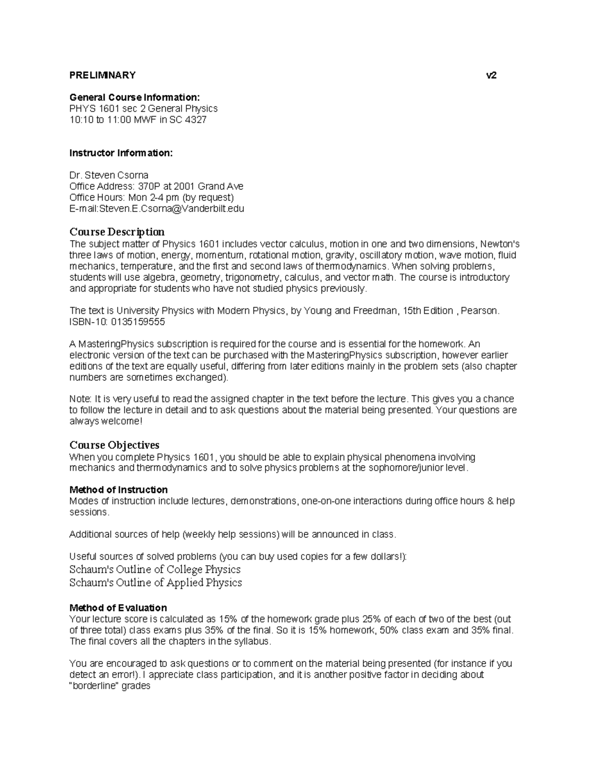 PHYS 1601 Sec 2 Syllabus: General Physics Overview & Course Info - Studocu