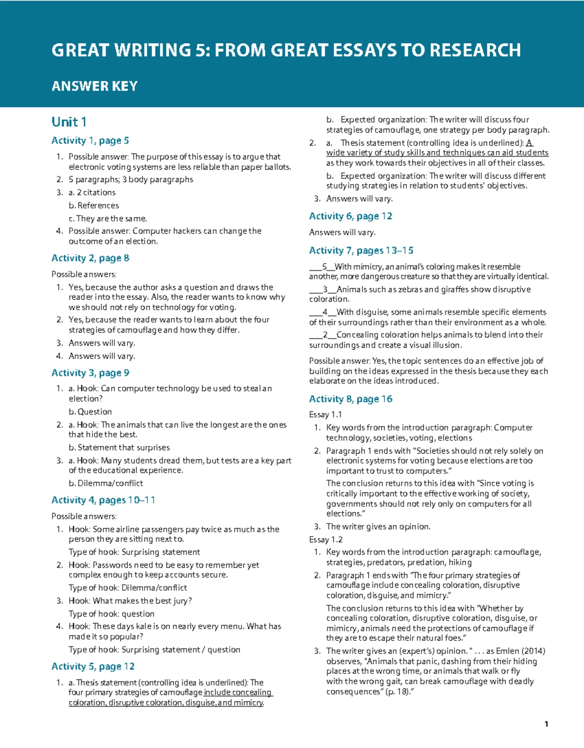 Great Writing 5: Unit 2 Exam on the Writing Process and Grammar - Studocu