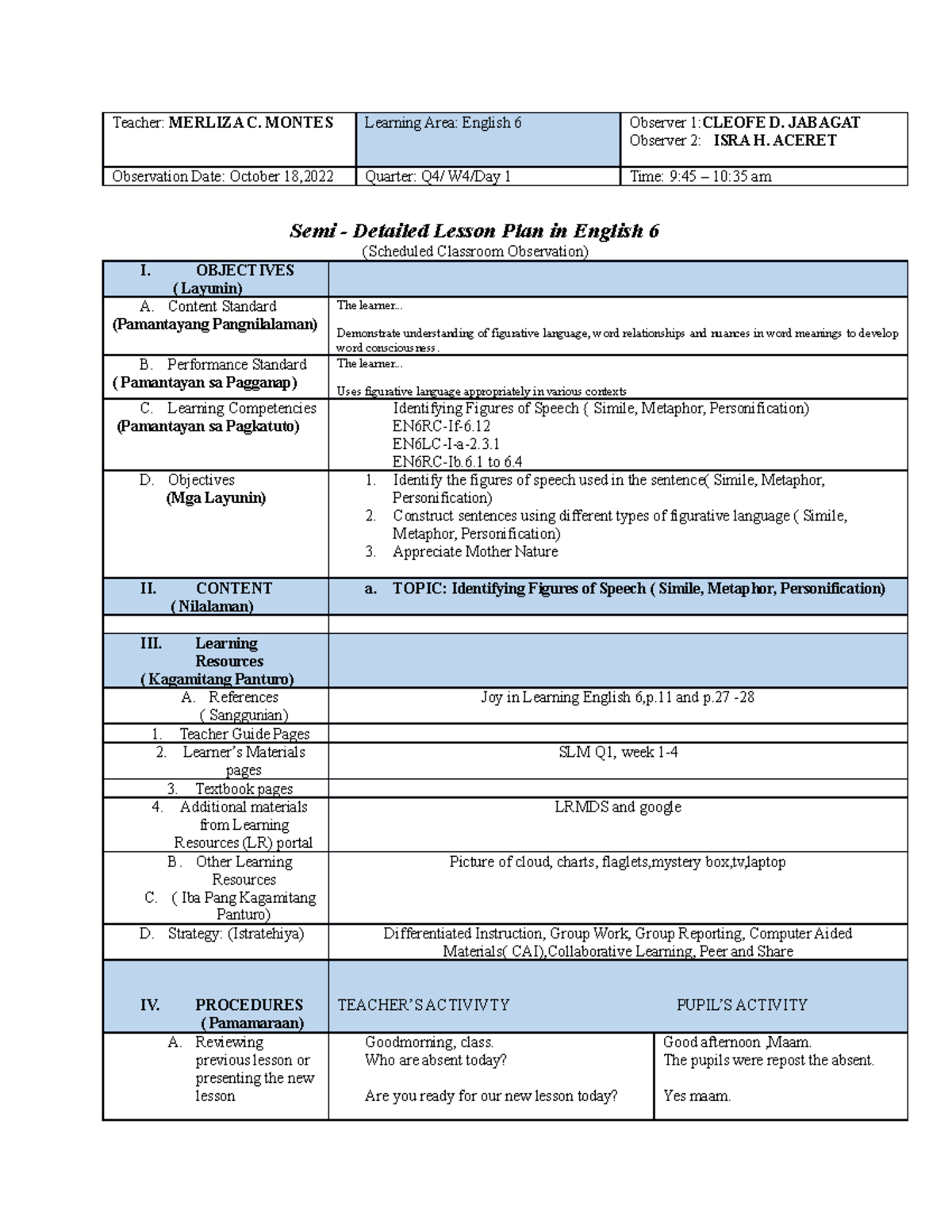 LP in ENG 6 COT 2 - Semi-Detailed Lesson Plan on Figures of Speech ...