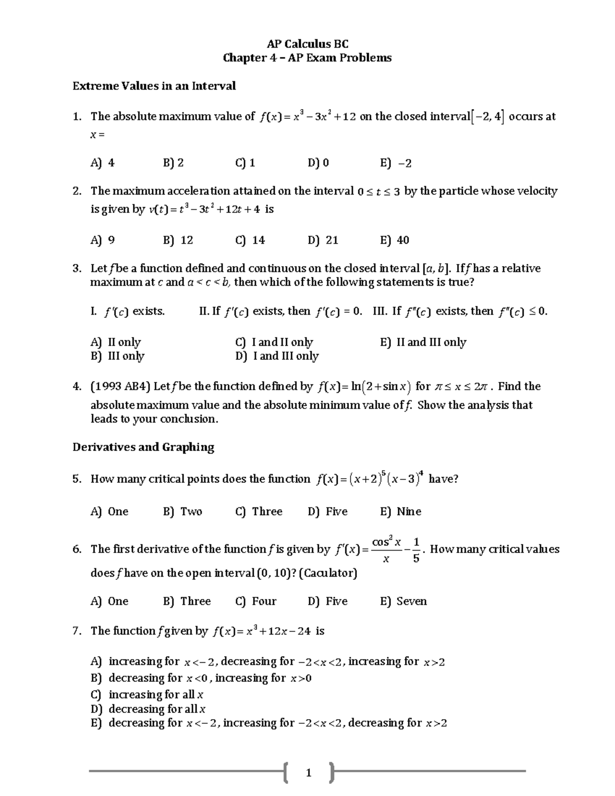AP Calculus BC Chapter 4 Exam Problems on Extreme Values and ...