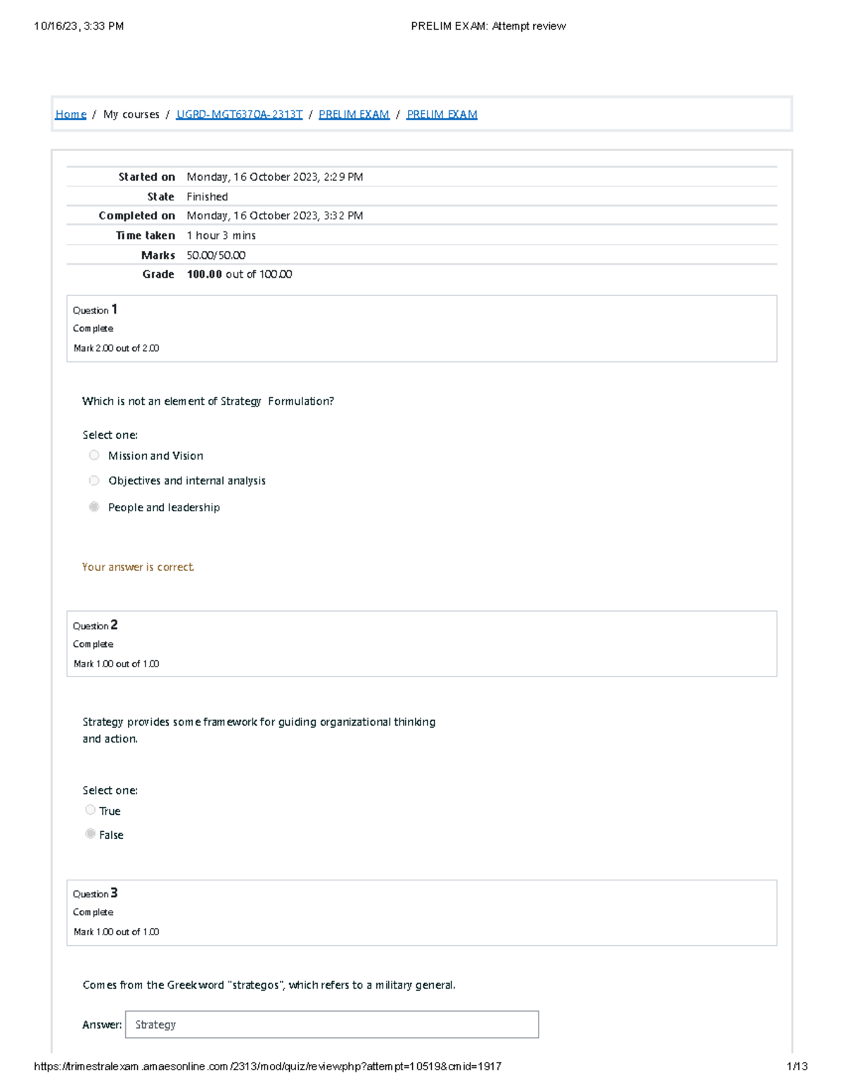 UGRD-MGT6370A-2313T Prelim Exam in Strategic Management Results - Studocu