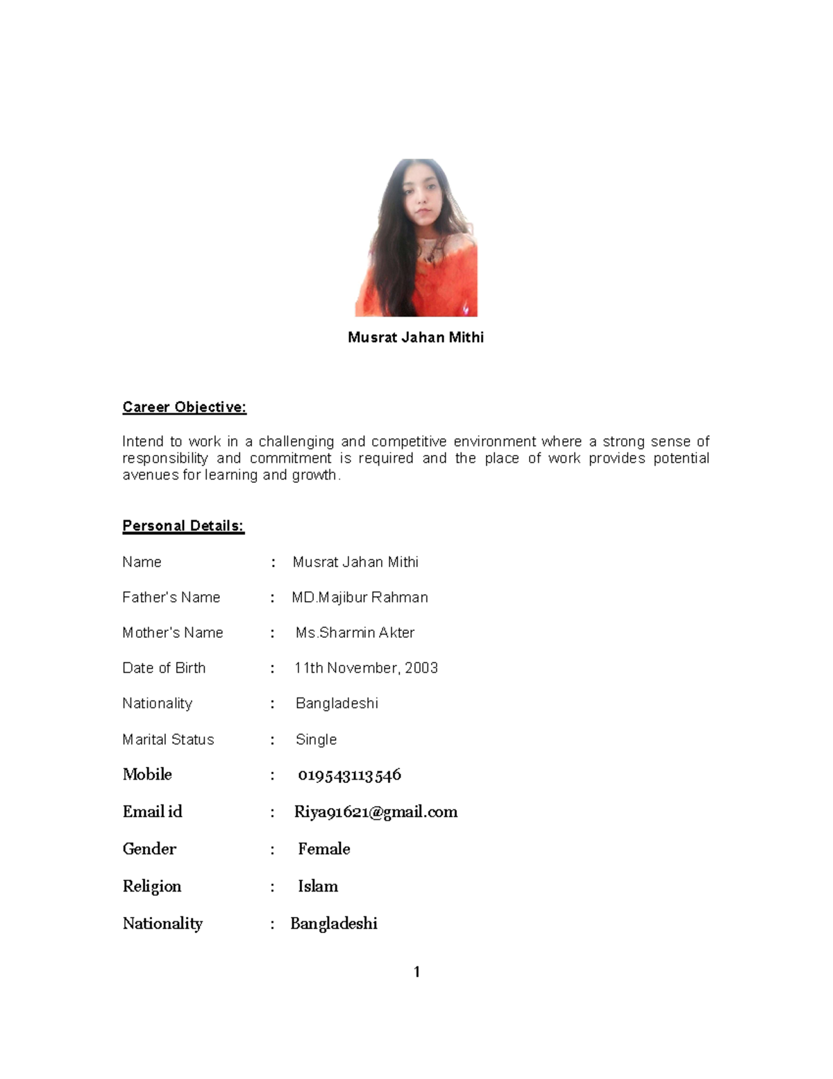 Career Profile of Musrat Jahan Mithi: Objectives & Qualifications - Studocu