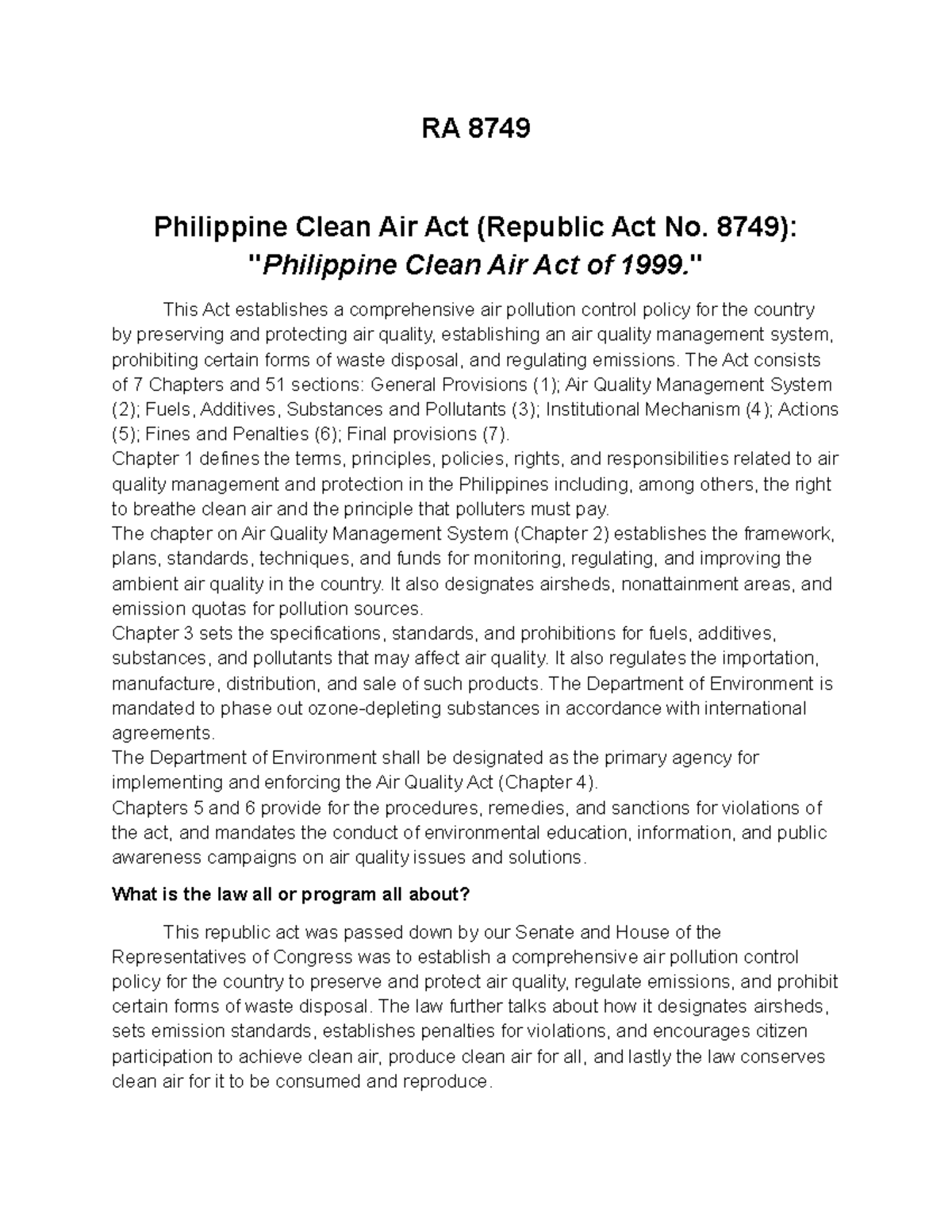 RA 8749 - Comprehensive Overview of the Philippine Clean Air Act - Studocu